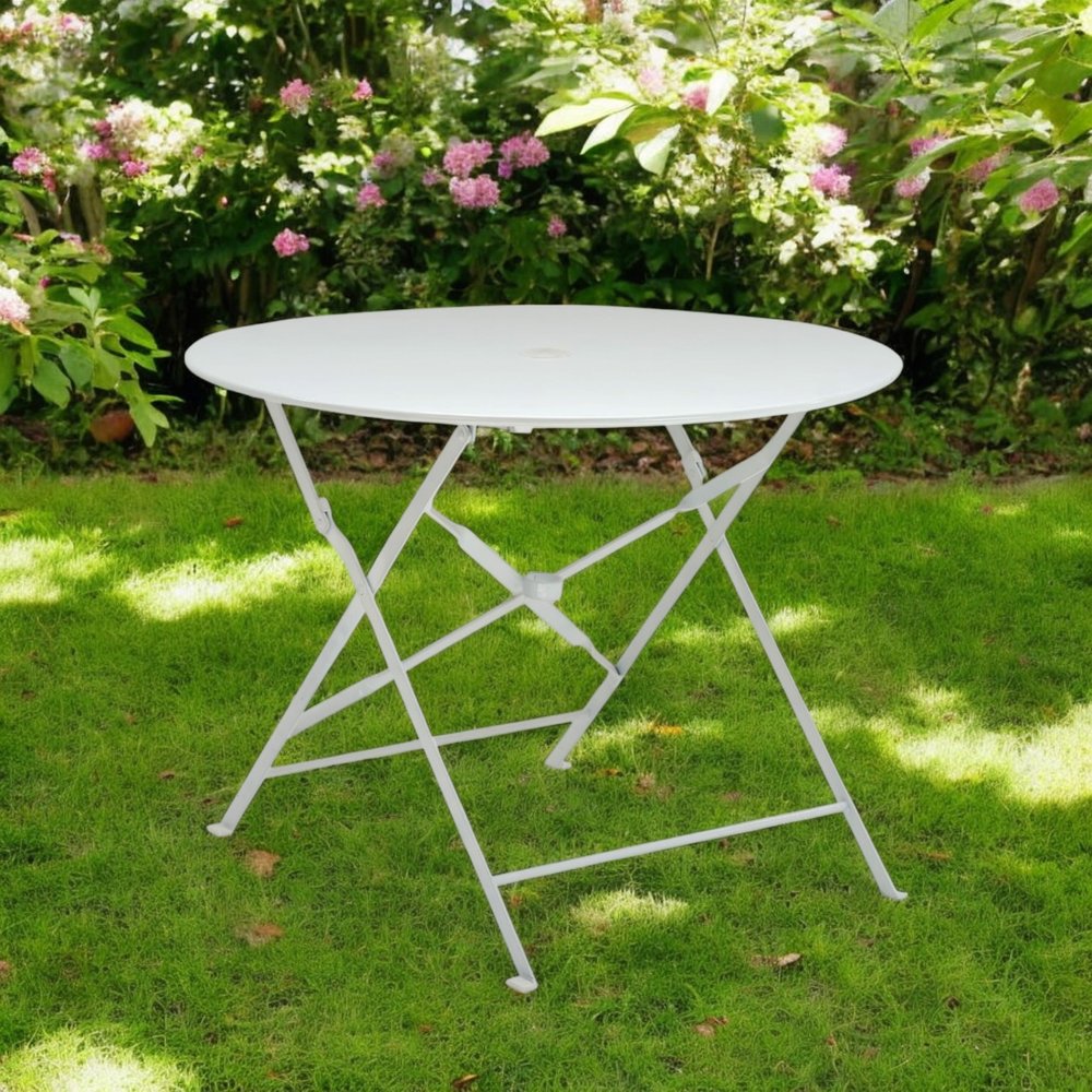36" White Rounded Aluminum Folding Outdoor Patio Dining Table with Umbrella Hole