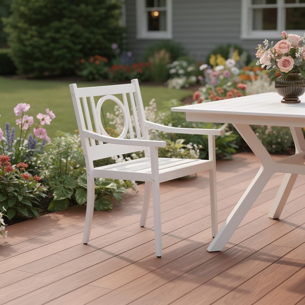 24" White Steel Geo Back Outdoor Patio Arm Chair