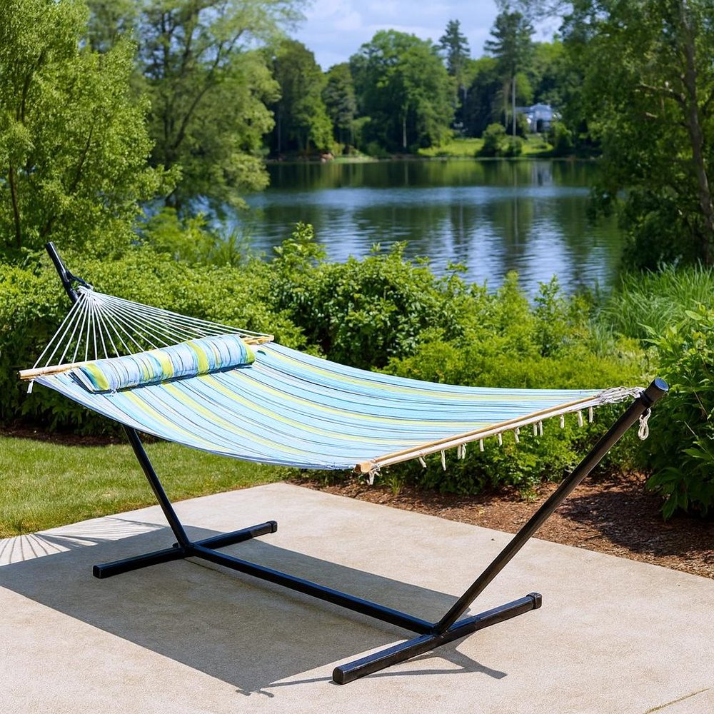 Aqua & Lime Green Striped Double Hammock - Outdoor Patio Hammock