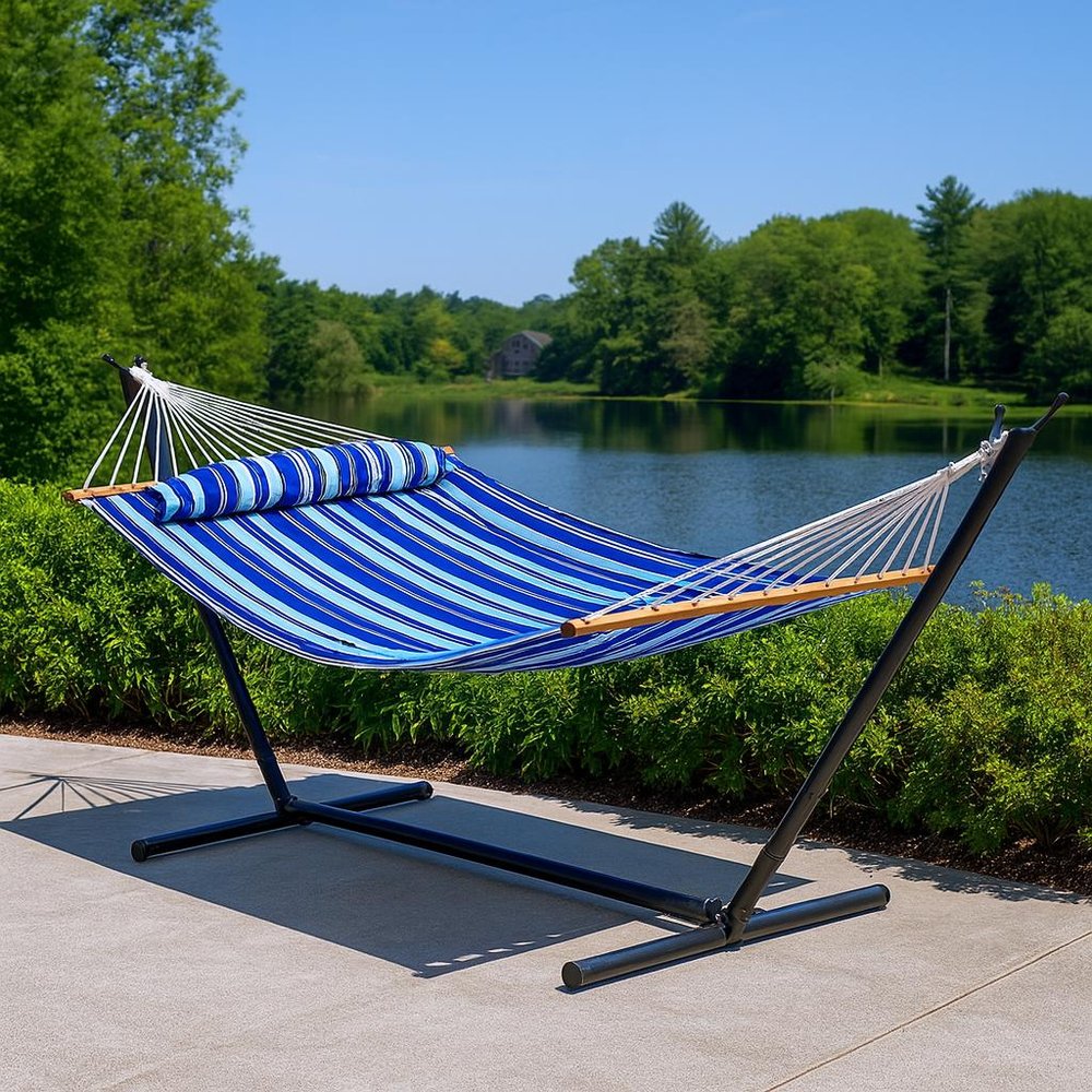 Light Blue & Dark Blue Striped Double Hammock - Outdoor Patio Hammock
