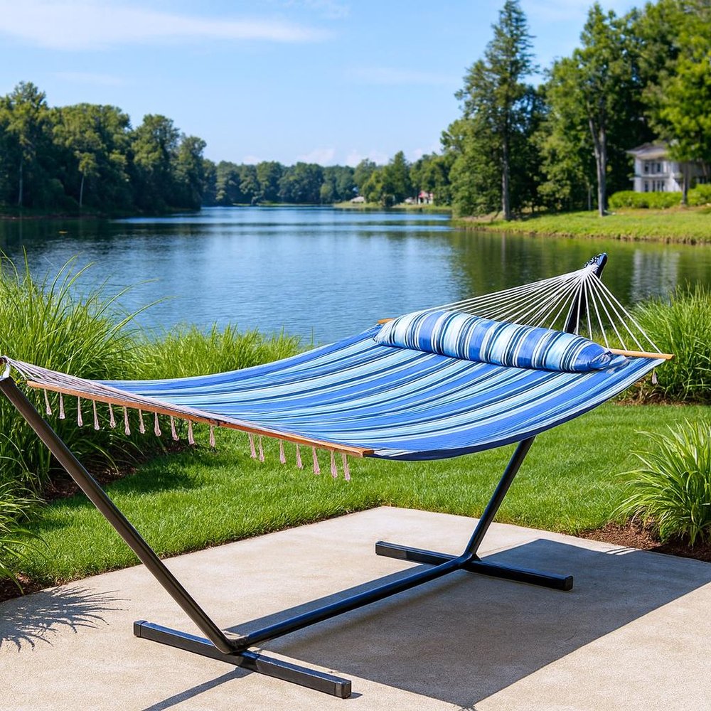 Light Blue & Dark Blue Striped Double Hammock - Outdoor Patio Hammock