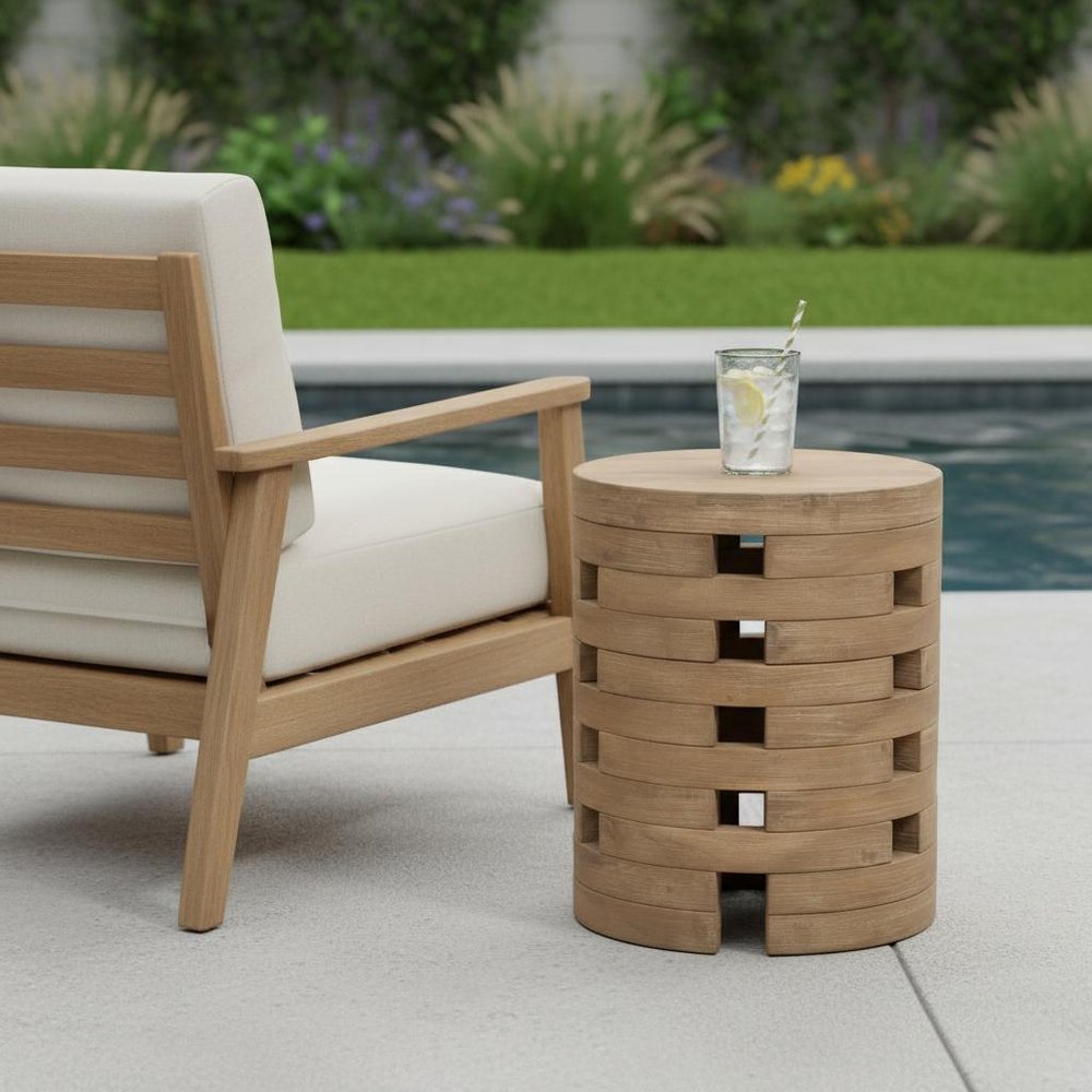 14" Natural Solid Wood Round Outdoor Patio Side Table