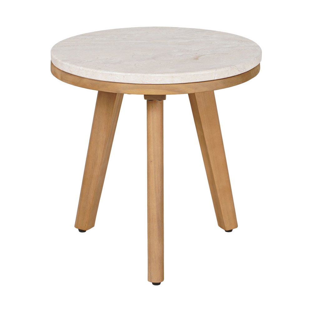 16" Beige and Natural Stone and Solid Wood Round Outdoor Patio Side Table