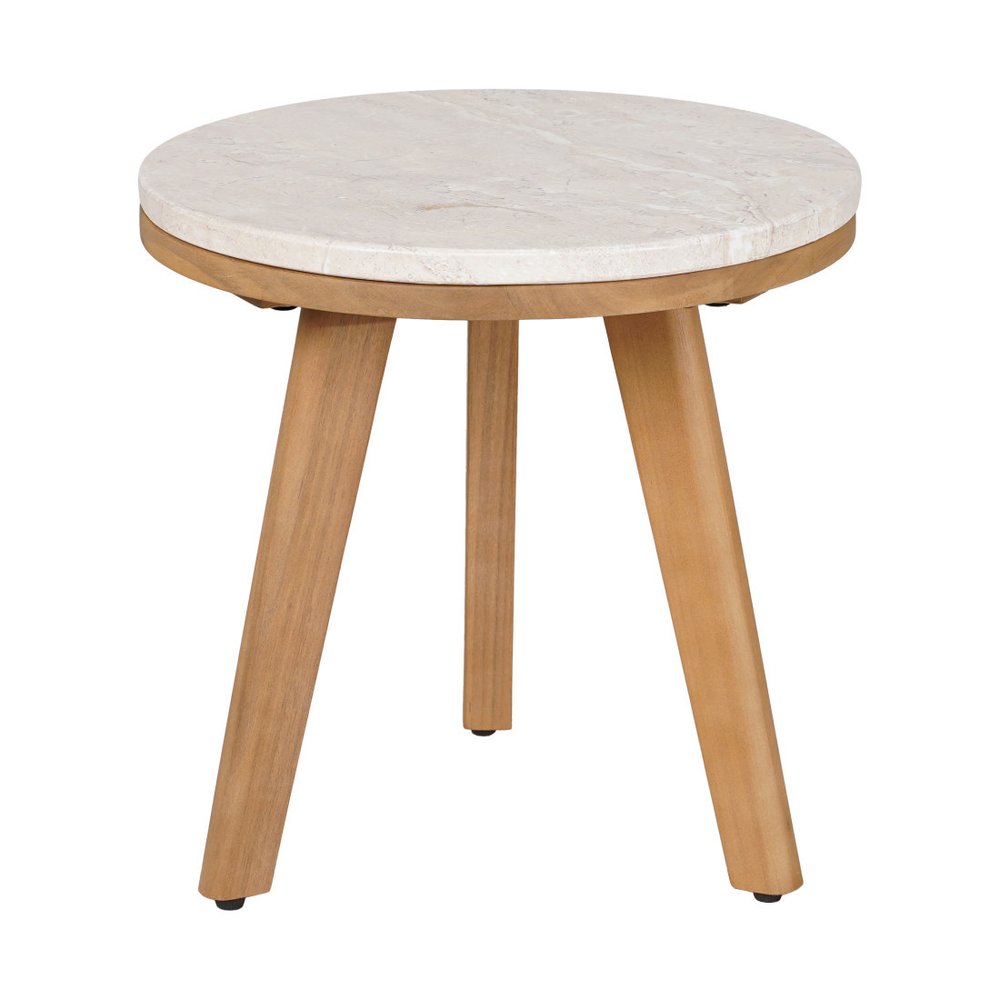 16" Beige and Natural Stone and Solid Wood Round Outdoor Patio Side Table