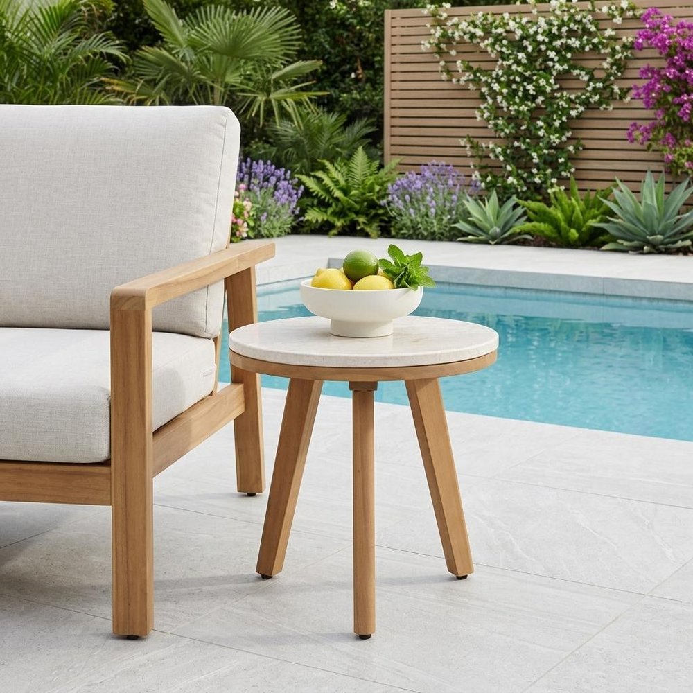 16" Beige and Natural Stone and Solid Wood Round Outdoor Patio Side Table