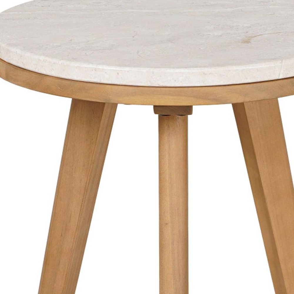 16" Beige and Natural Stone and Solid Wood Round Outdoor Patio Side Table