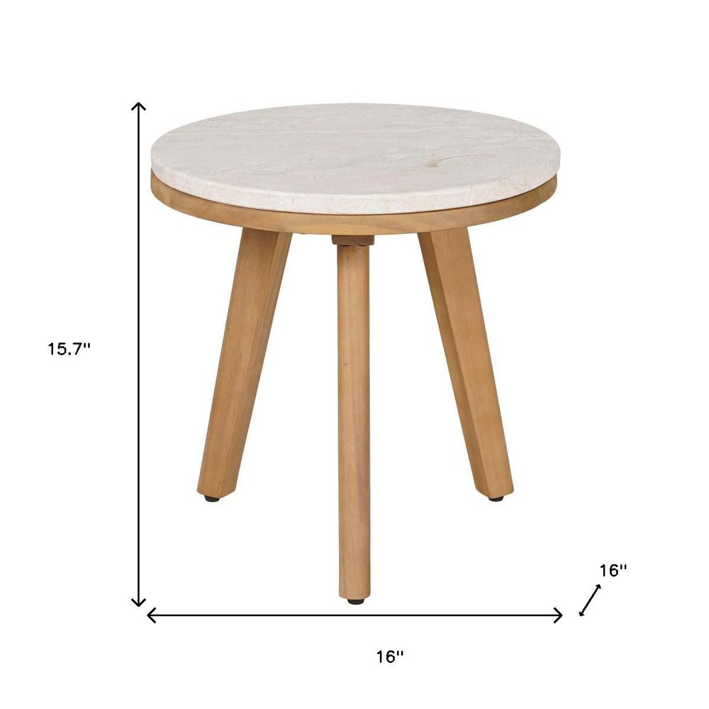 16" Beige and Natural Stone and Solid Wood Round Outdoor Patio Side Table