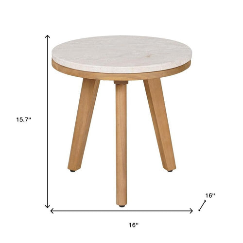 16" Beige and Natural Stone and Solid Wood Round Outdoor Patio Side Table