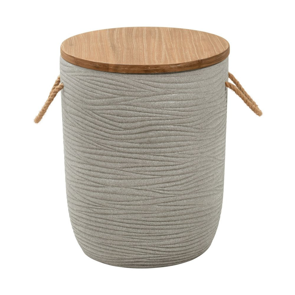 14" Natural and Gray Solid Wood and Faux Concrete Round Outdoor Patio Side Table