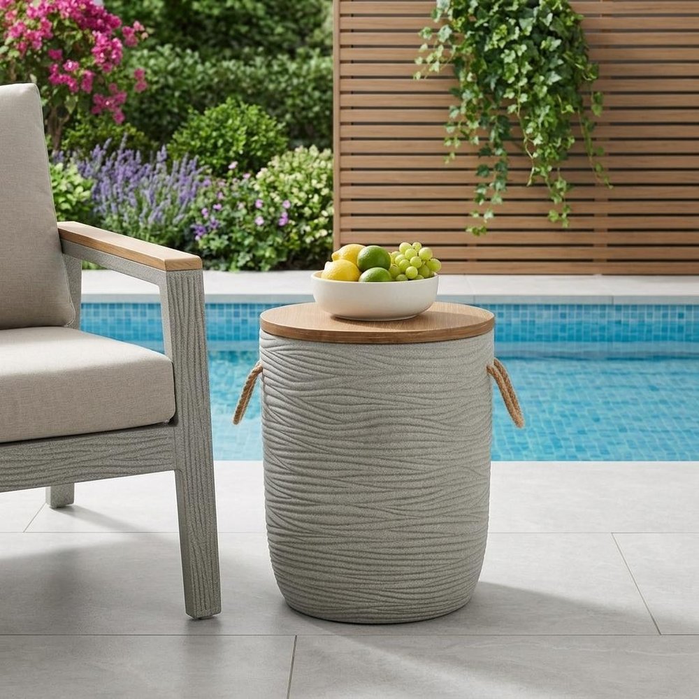 14" Natural and Gray Solid Wood and Faux Concrete Round Outdoor Patio Side Table