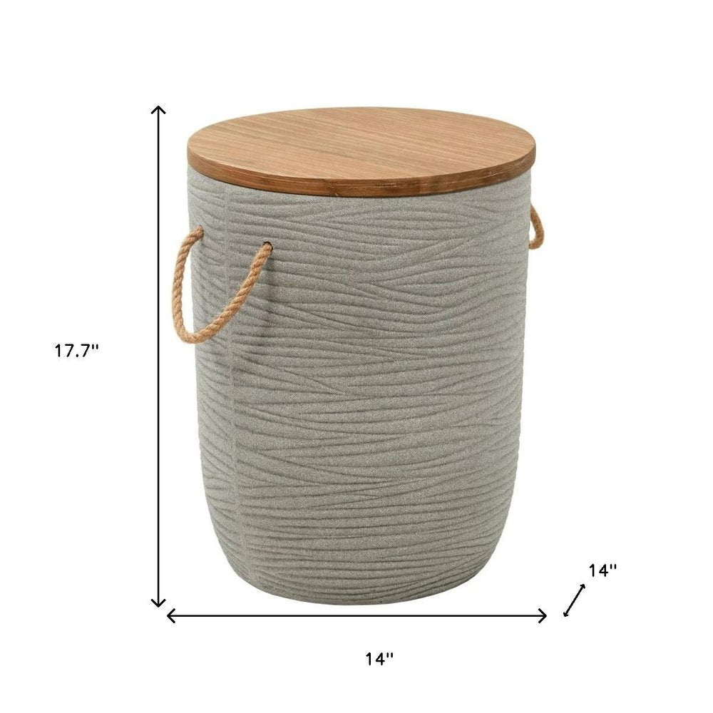 14" Natural and Gray Solid Wood and Faux Concrete Round Outdoor Patio Side Table