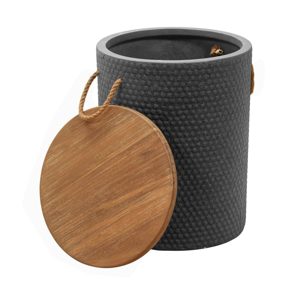 14" Natural and Black Solid Wood and Faux Concrete Round Outdoor Patio Side Table