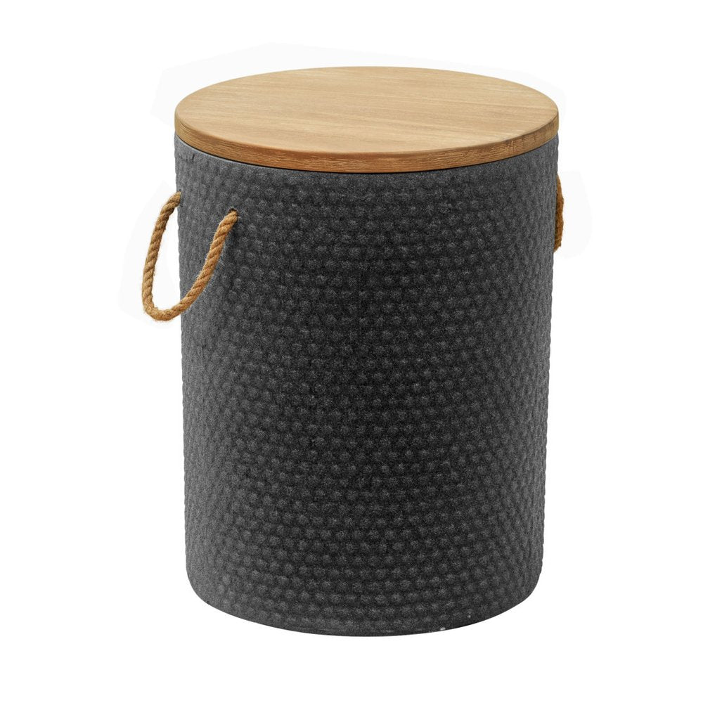 14" Natural and Black Solid Wood and Faux Concrete Round Outdoor Patio Side Table
