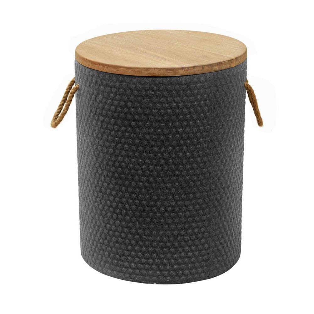 14" Natural and Black Solid Wood and Faux Concrete Round Outdoor Patio Side Table