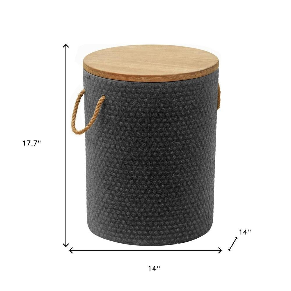 14" Natural and Black Solid Wood and Faux Concrete Round Outdoor Patio Side Table
