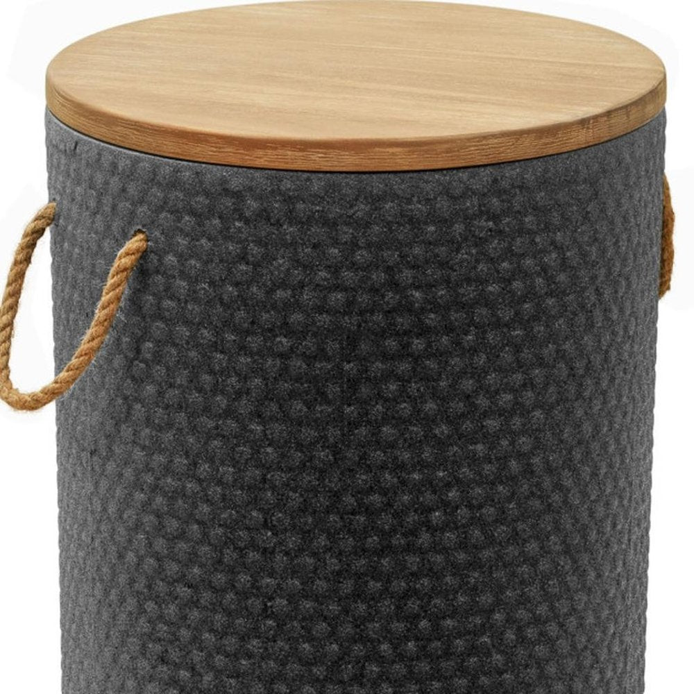 14" Natural and Black Solid Wood and Faux Concrete Round Outdoor Patio Side Table