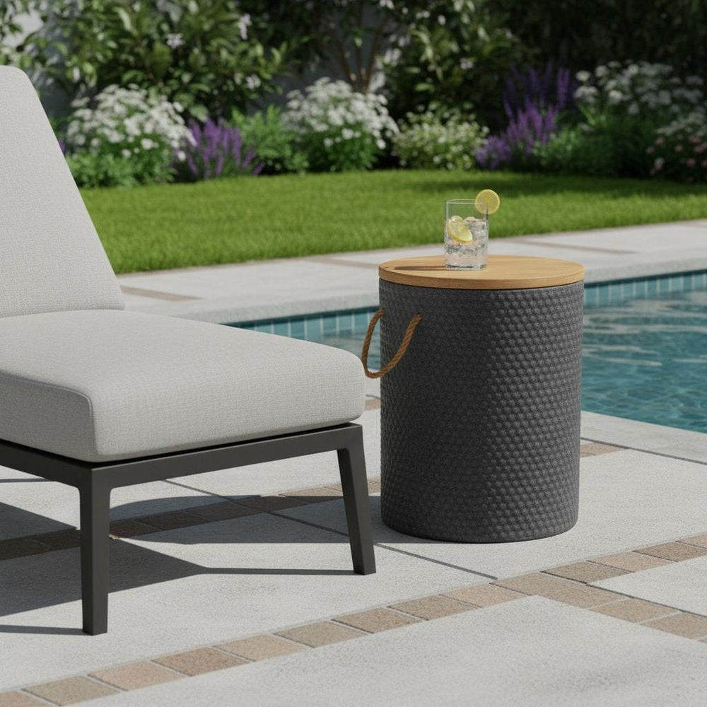 14" Natural and Black Solid Wood and Faux Concrete Round Outdoor Patio Side Table