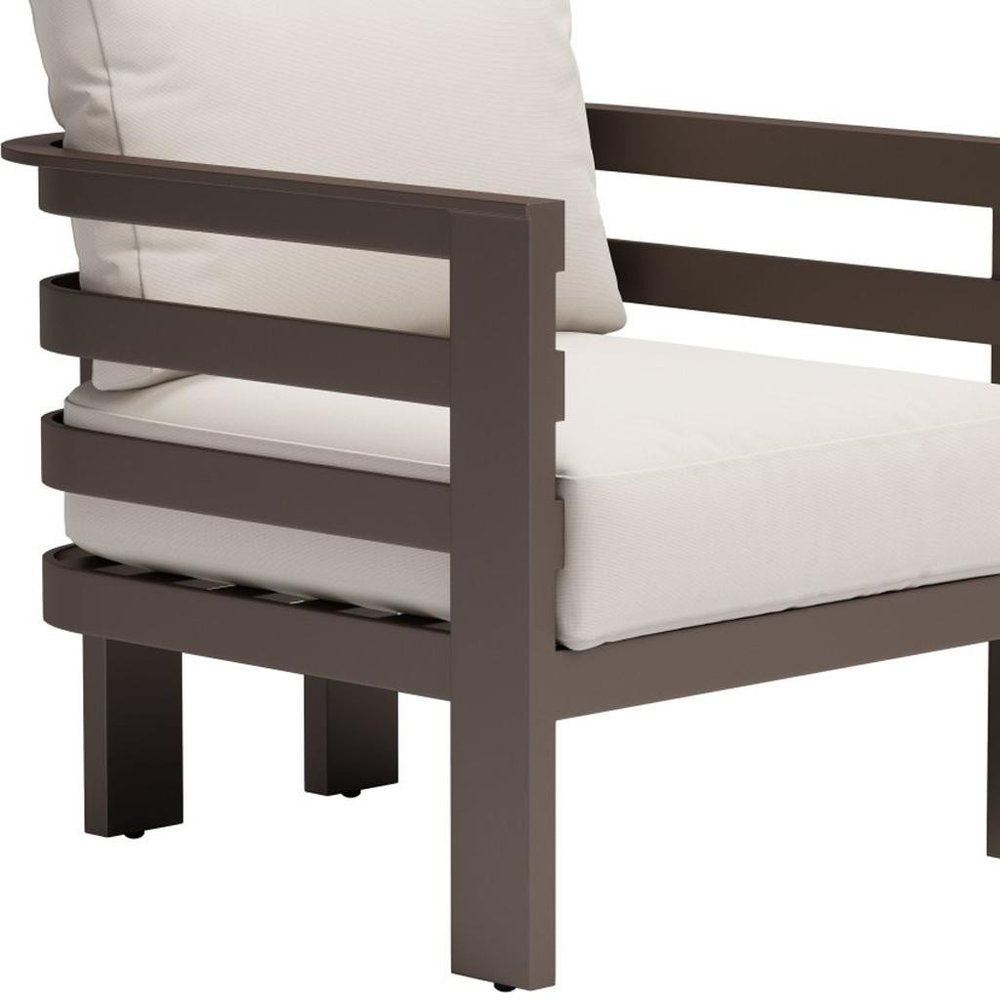 30" Brown Aluminum Outdoor Patio Arm Chair with White Cushion
