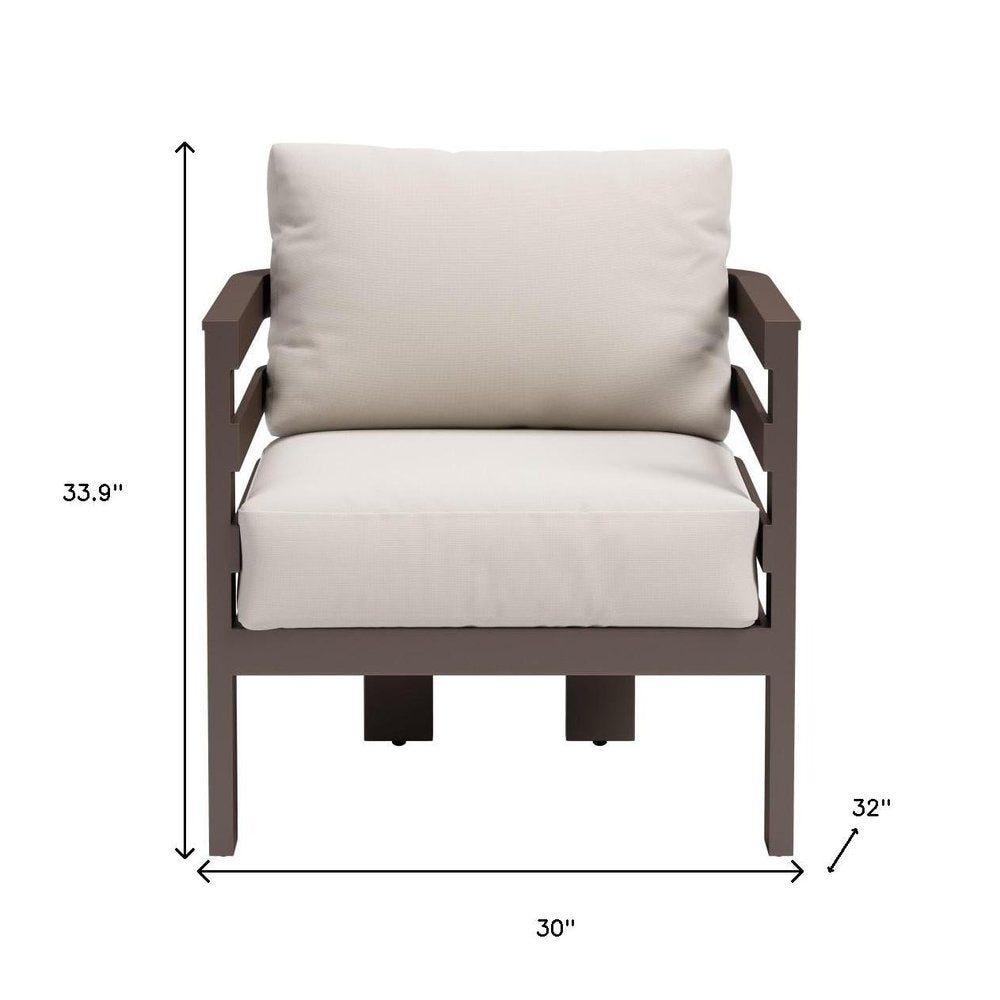 30" Brown Aluminum Outdoor Patio Arm Chair with White Cushion