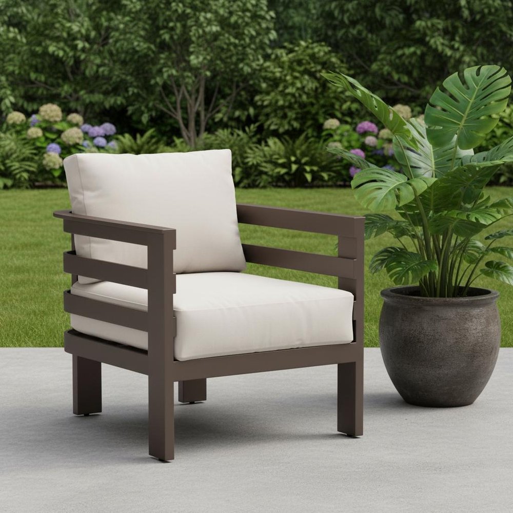 30" Brown Aluminum Outdoor Patio Arm Chair with White Cushion
