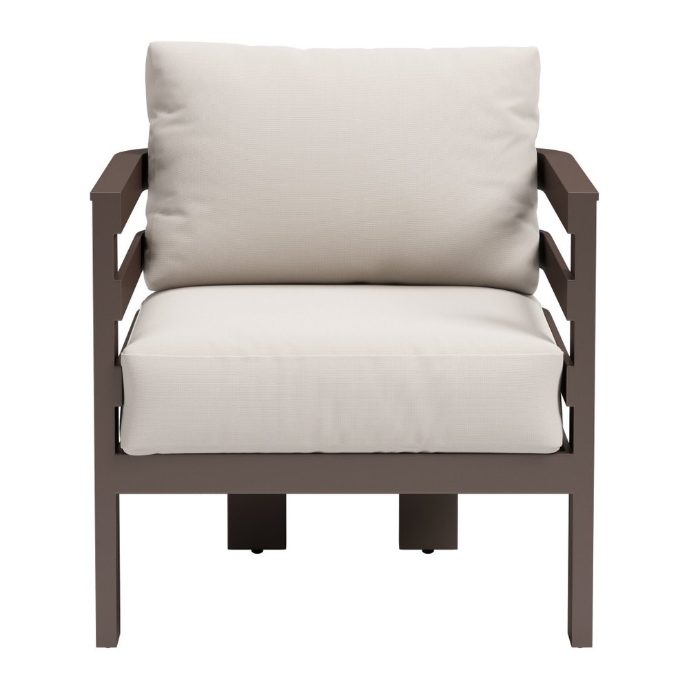 30" Brown Aluminum Outdoor Patio Arm Chair with White Cushion