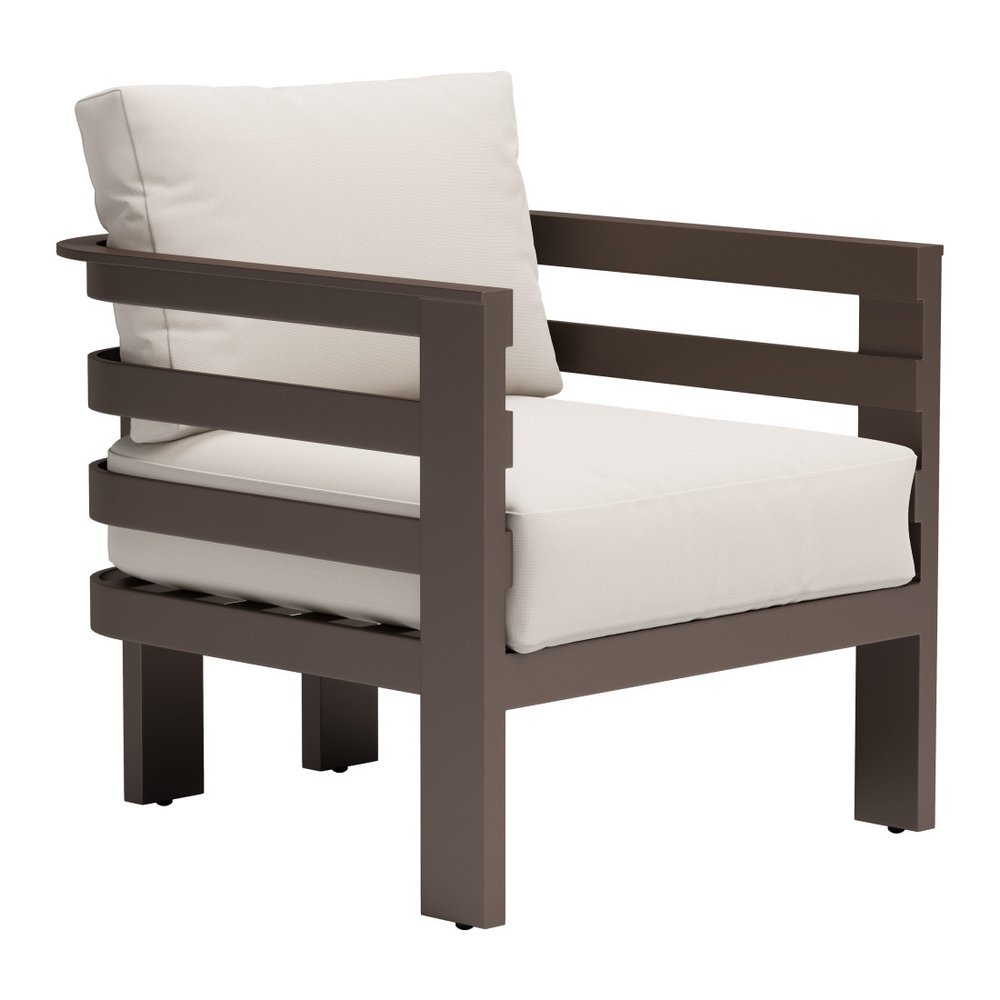 30" Brown Aluminum Outdoor Patio Arm Chair with White Cushion