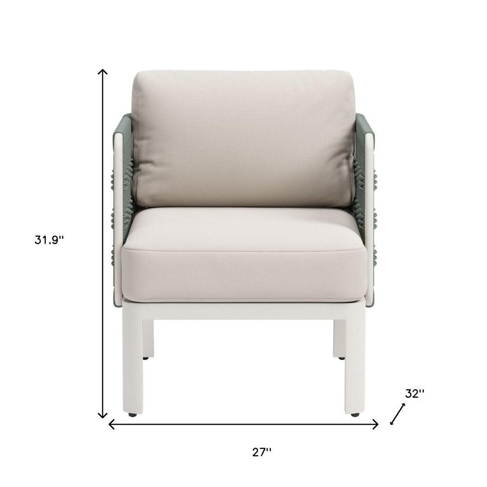 27" Green & White Aluminum Outdoor Patio Accent Chair with White Cushion
