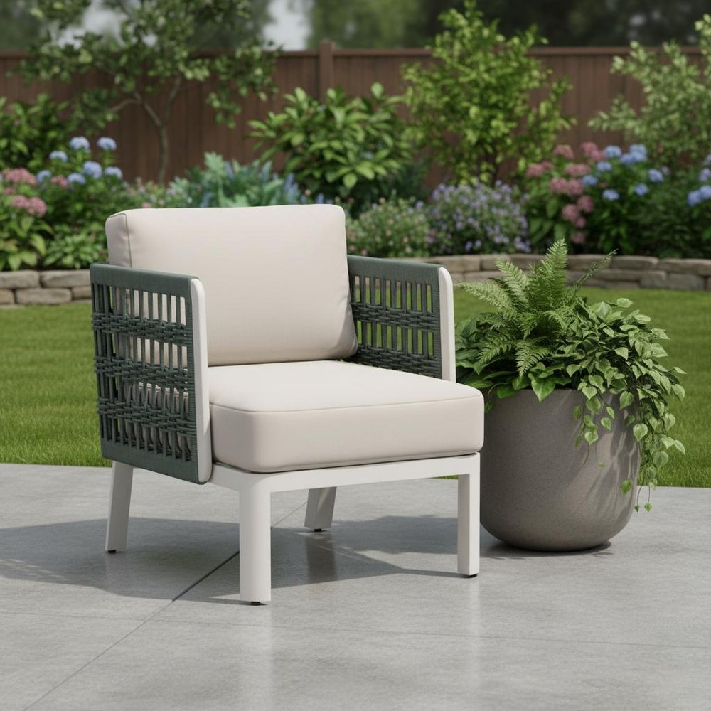 27" Green & White Aluminum Outdoor Patio Accent Chair with White Cushion
