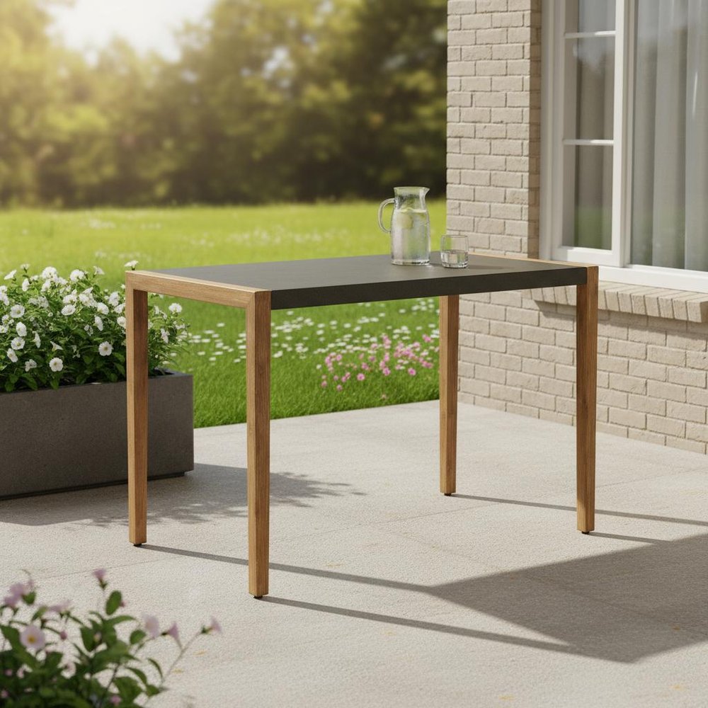 56" Gray & Natural Faux Concrete & Solid Wood Outdoor Patio Bar Table