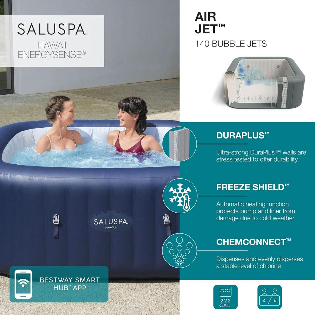 Blue 6-Person Inflatable Hot Tub Square with 140 Jets - Portable Outdoor Spa