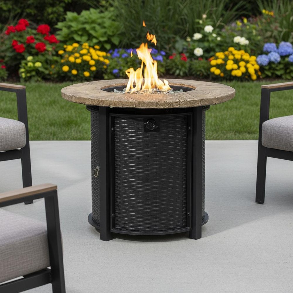 50,000 BTU 30" Black & Brown Steel Propane Round Outdoor Fire Pit