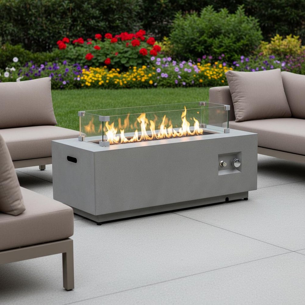50,000 BTU 42" Gray Steel Propane Rectangular Outdoor Fire Pit with Cover