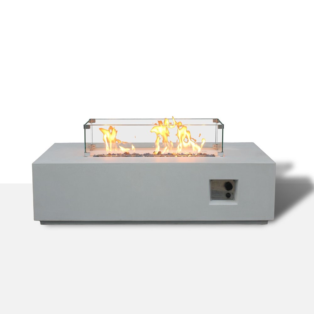 65,000 BTU 52" Antiqued White Concrete Propane Rectangular Outdoor Fire Pit with Cover