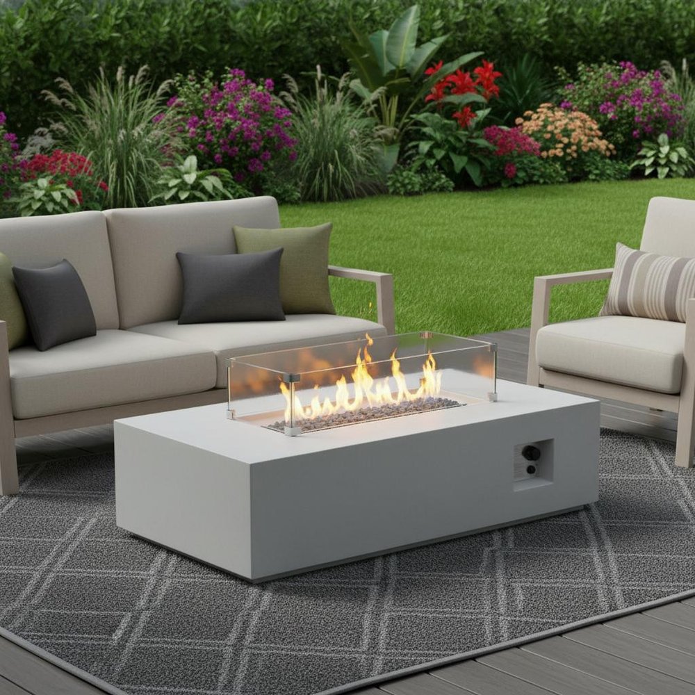 65,000 BTU 52" Antiqued White Concrete Propane Rectangular Outdoor Fire Pit with Cover