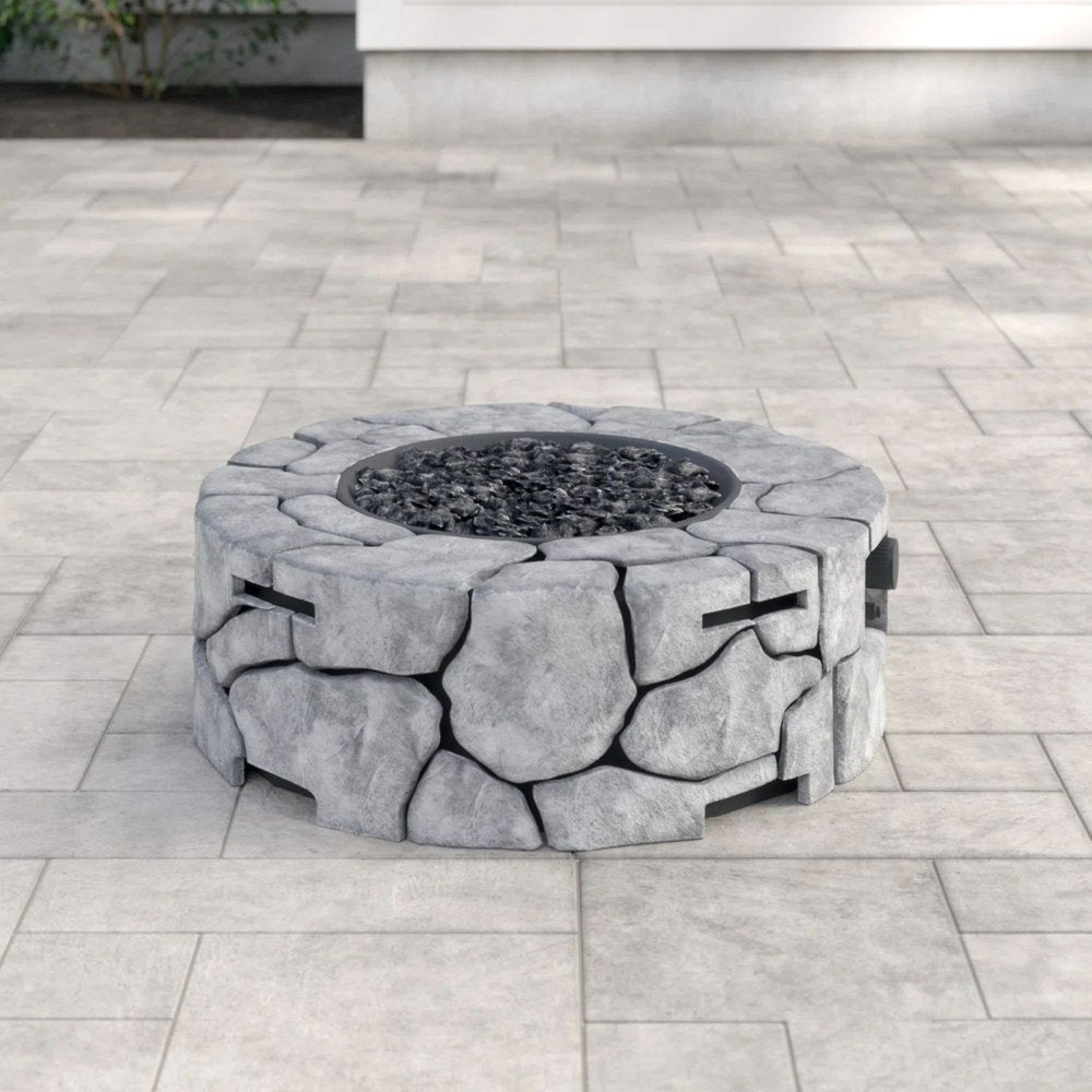 40,000 BTU 28" Gray Concrete Propane Round Outdoor Fire Pit with Cover