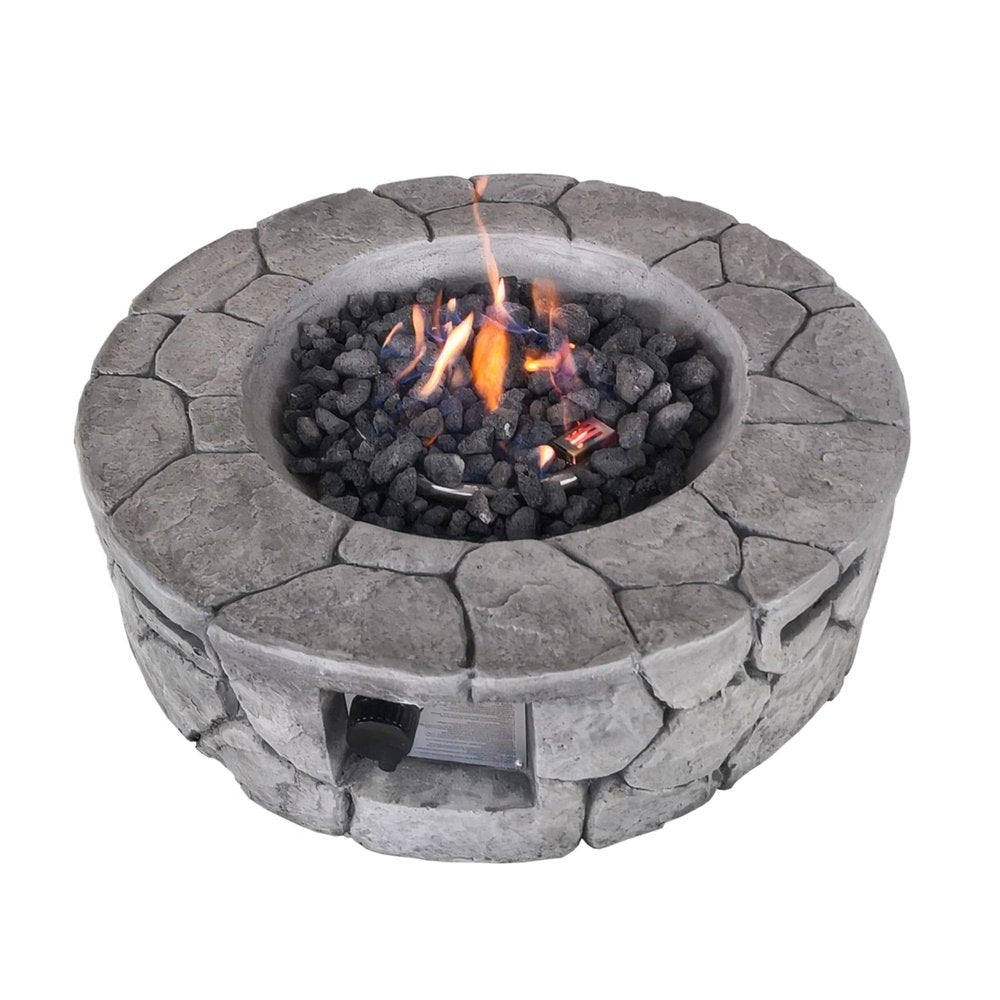 40,000 BTU 28" Gray Concrete Propane Round Outdoor Fire Pit with Cover