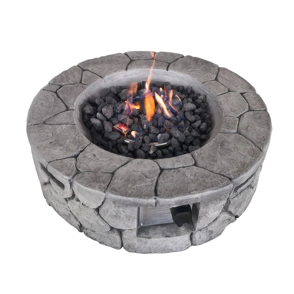 40,000 BTU 28" Gray Concrete Propane Round Outdoor Fire Pit with Cover