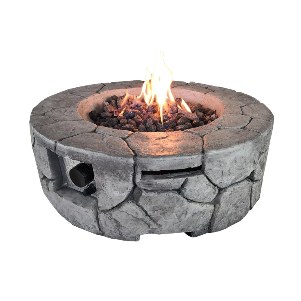 40,000 BTU 28" Gray Concrete Propane Round Outdoor Fire Pit with Cover