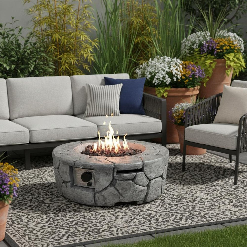 40,000 BTU 28" Gray Concrete Propane Round Outdoor Fire Pit with Cover