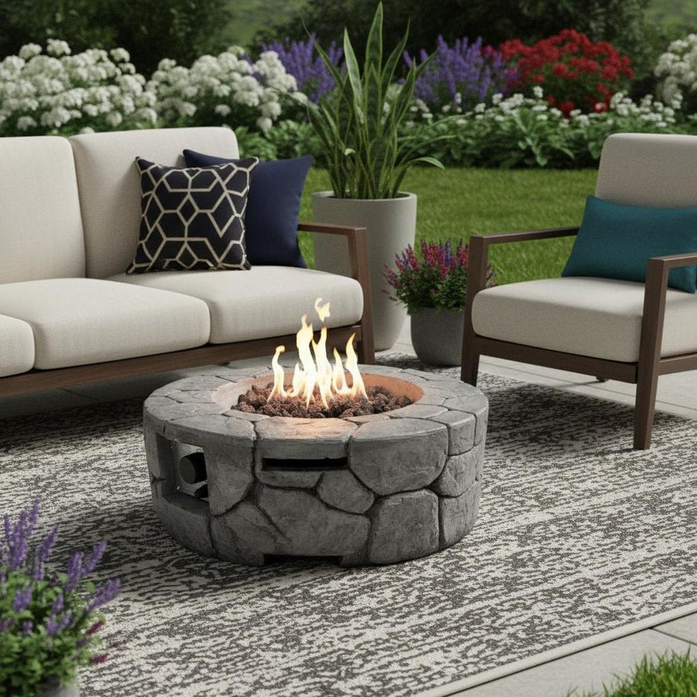 40,000 BTU 28" Gray Steel Propane Round Outdoor Fire Pit with Cover