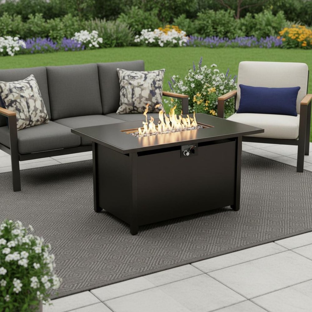 40,000 BTU 42" Black Steel Propane Rectangular Outdoor Fire Pit with Cover