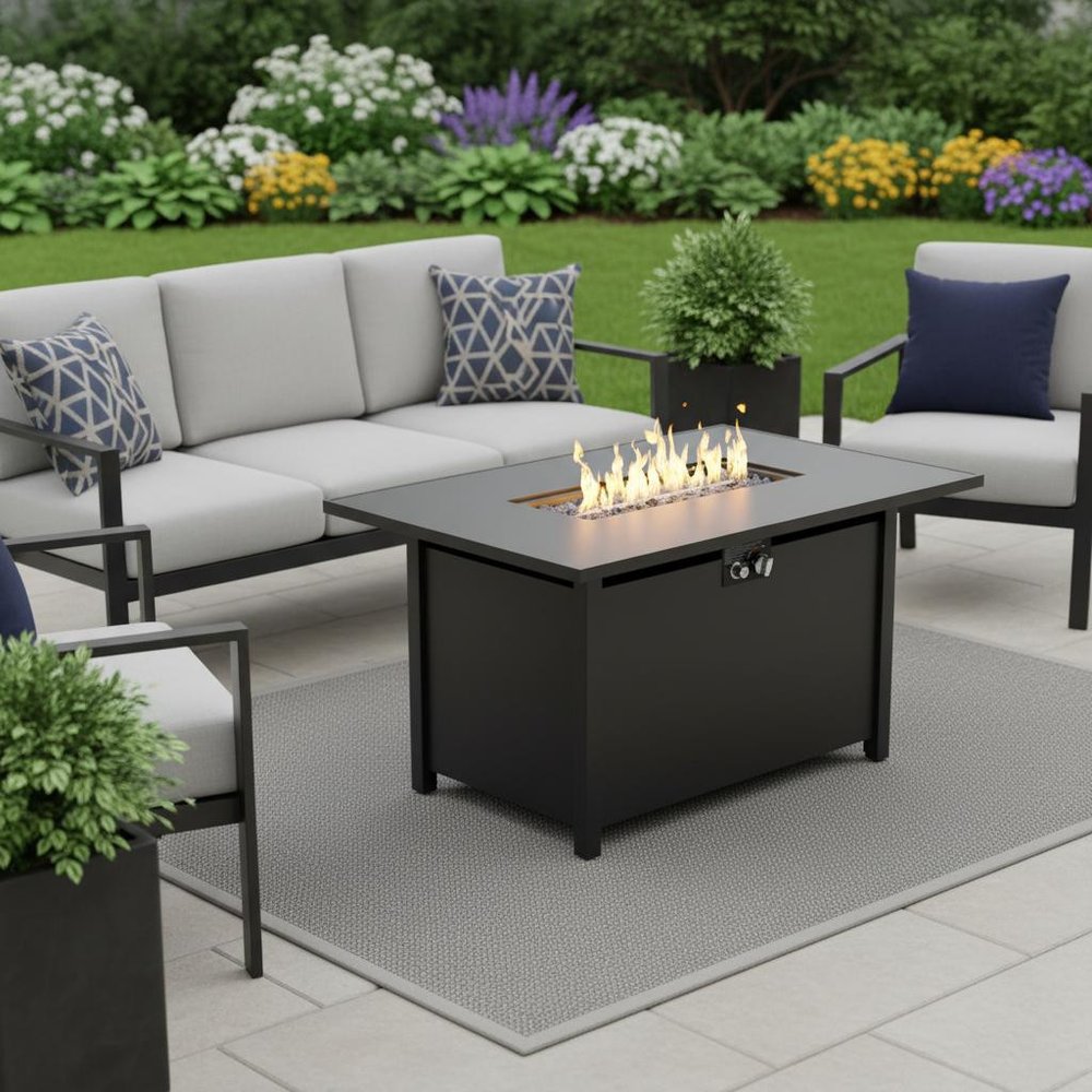 40,000 BTU 43" Black Steel Propane Rectangular Outdoor Fire Pit with Cover