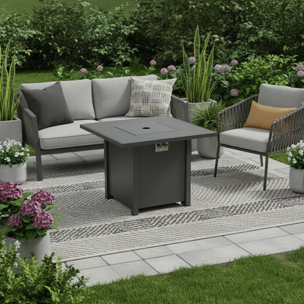 50,000 BTU 30" Black Steel Propane Square Outdoor Fire Pit with Cover