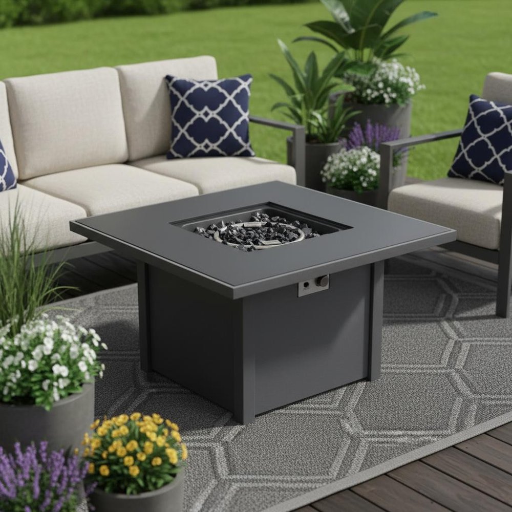 50,000 BTU 30" Black Steel Propane Square Outdoor Fire Pit with Cover