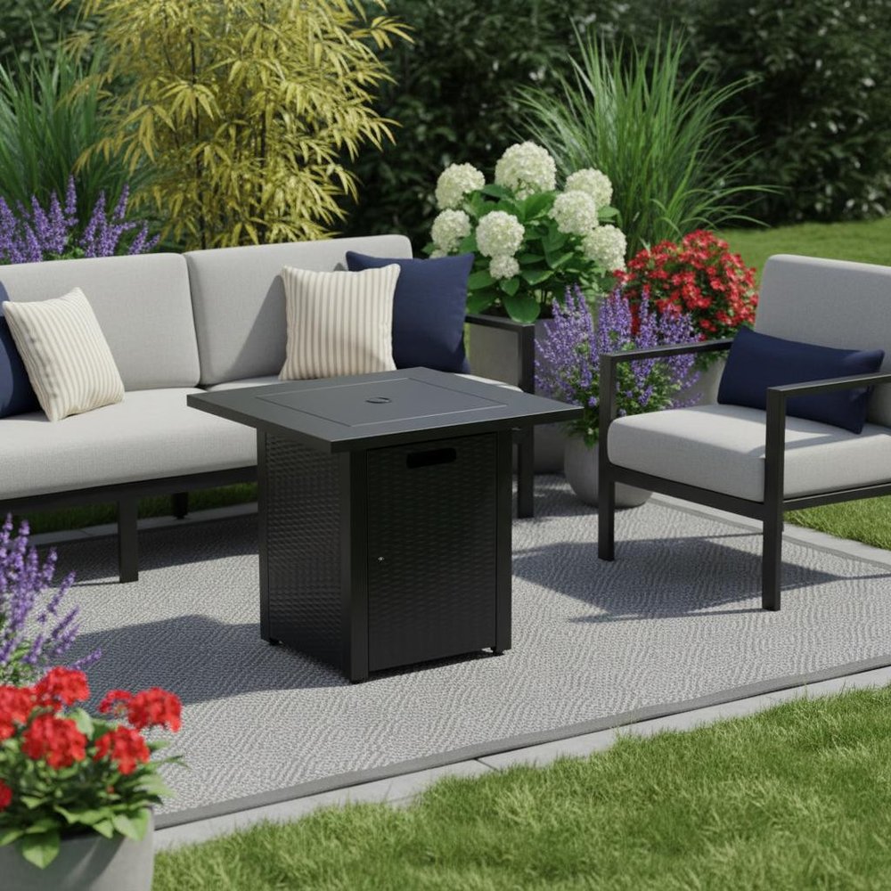 50,000 BTU 28" Black Steel Propane Square Outdoor Fire Pit with Cover