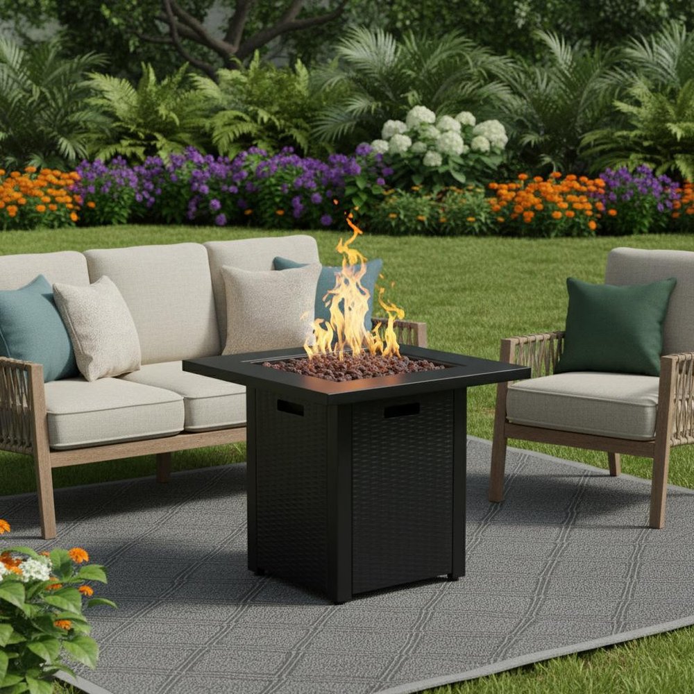 50,000 BTU 28" Black Steel Propane Square Outdoor Fire Pit with Cover