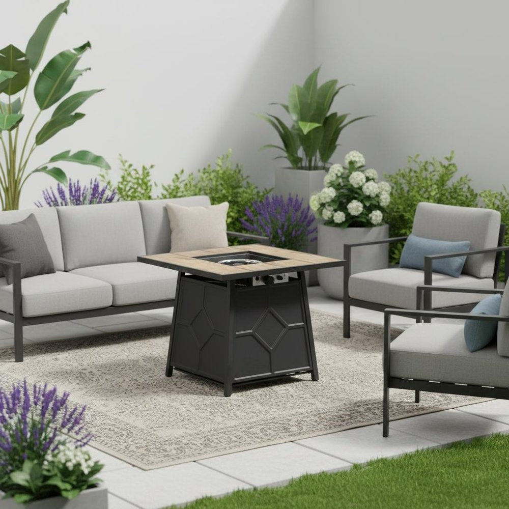 40,000 BTU 28" Brown Iron Propane Square Outdoor Fire Pit with Cover