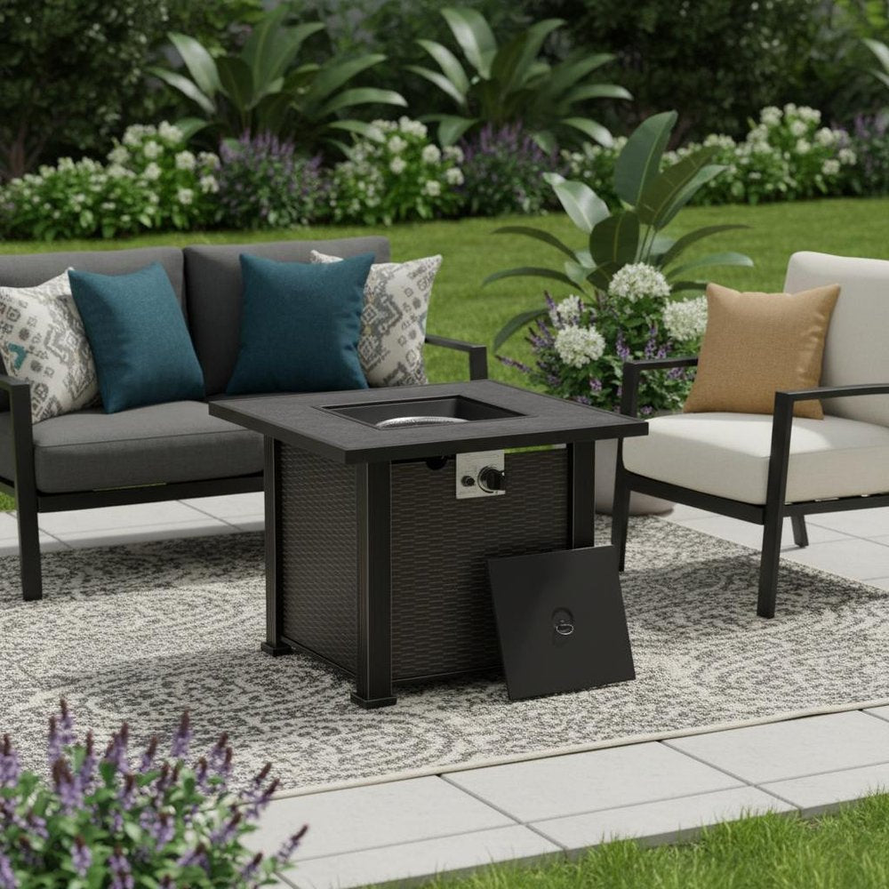 50,000 BTU 30" Black Steel Propane Square Outdoor Fire Pit with Cover
