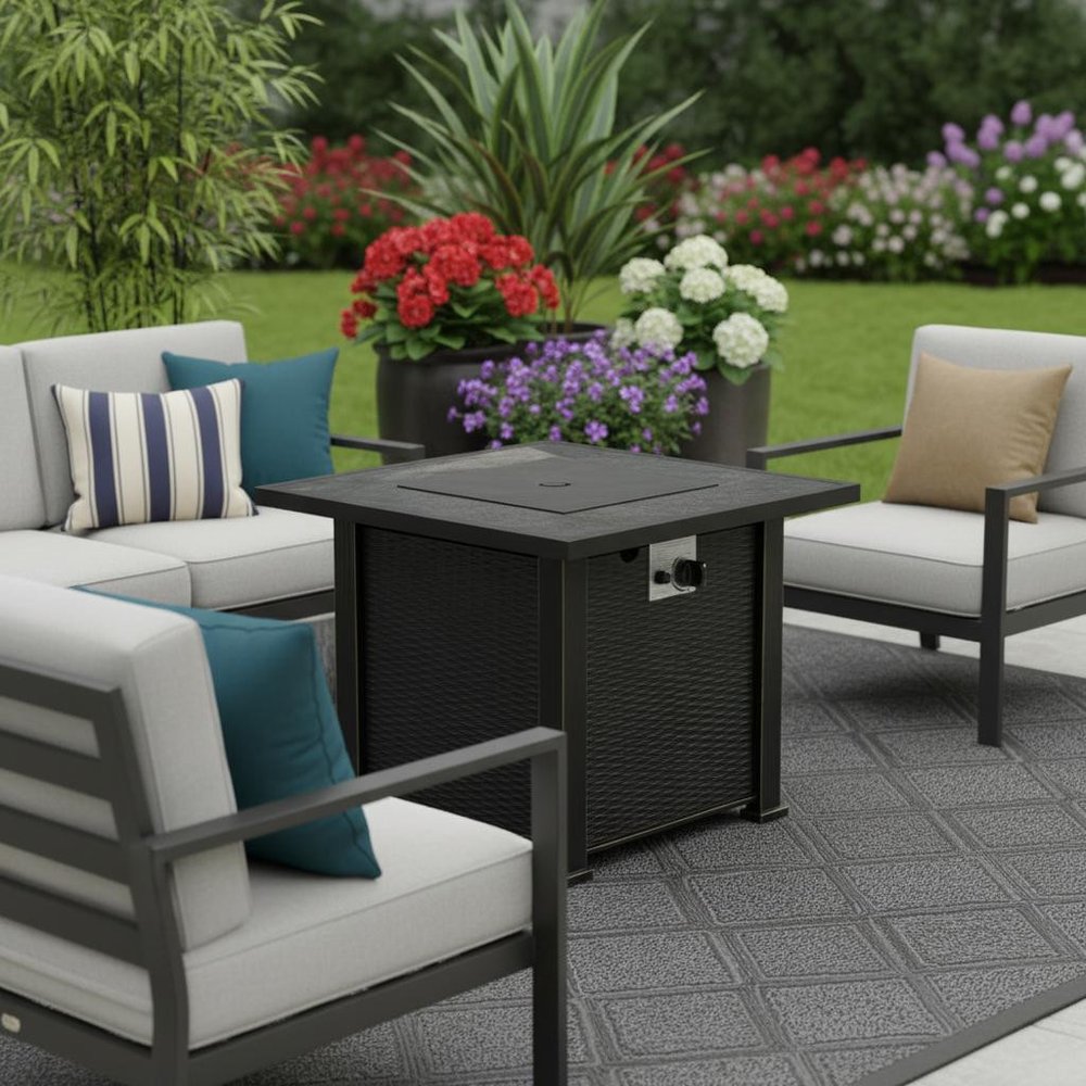 50,000 BTU 30" Black Steel Propane Square Outdoor Fire Pit with Cover