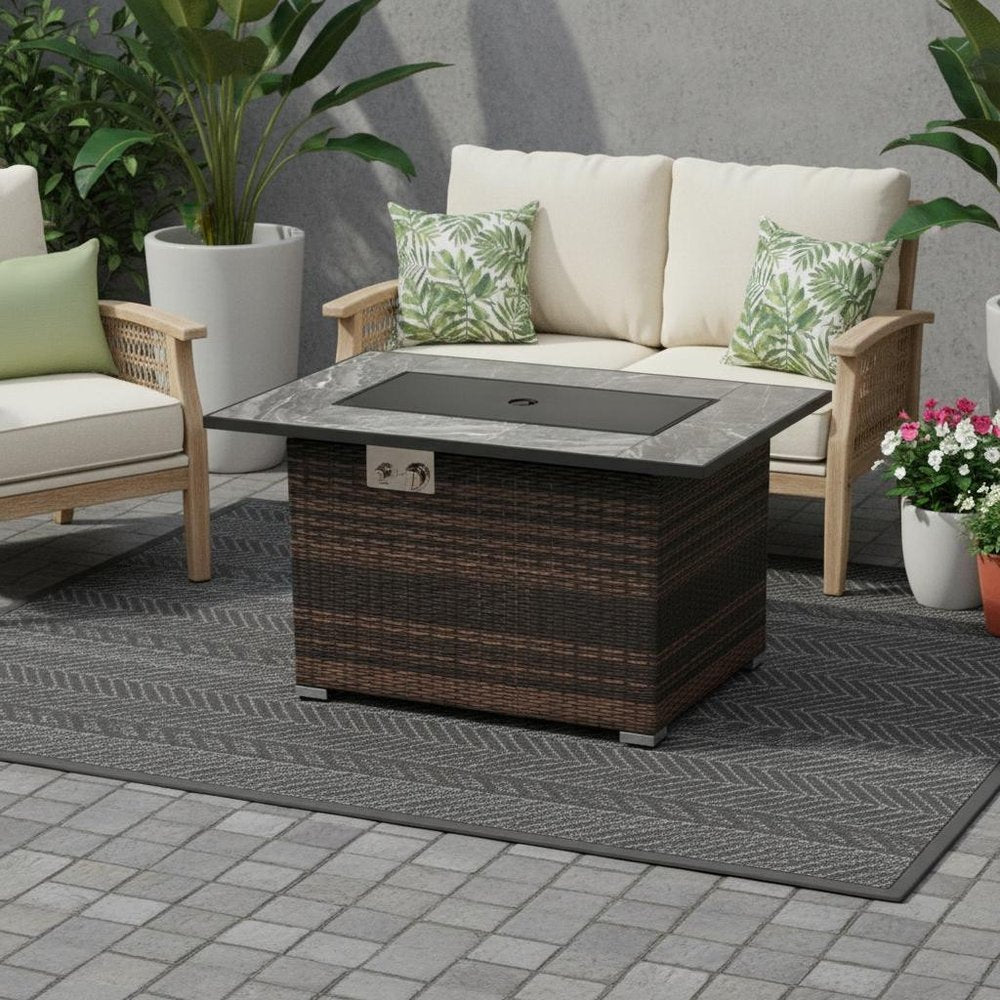 50,000 BTU 43" Brown Wicker Propane Rectangular Outdoor Fire Pit with Cover